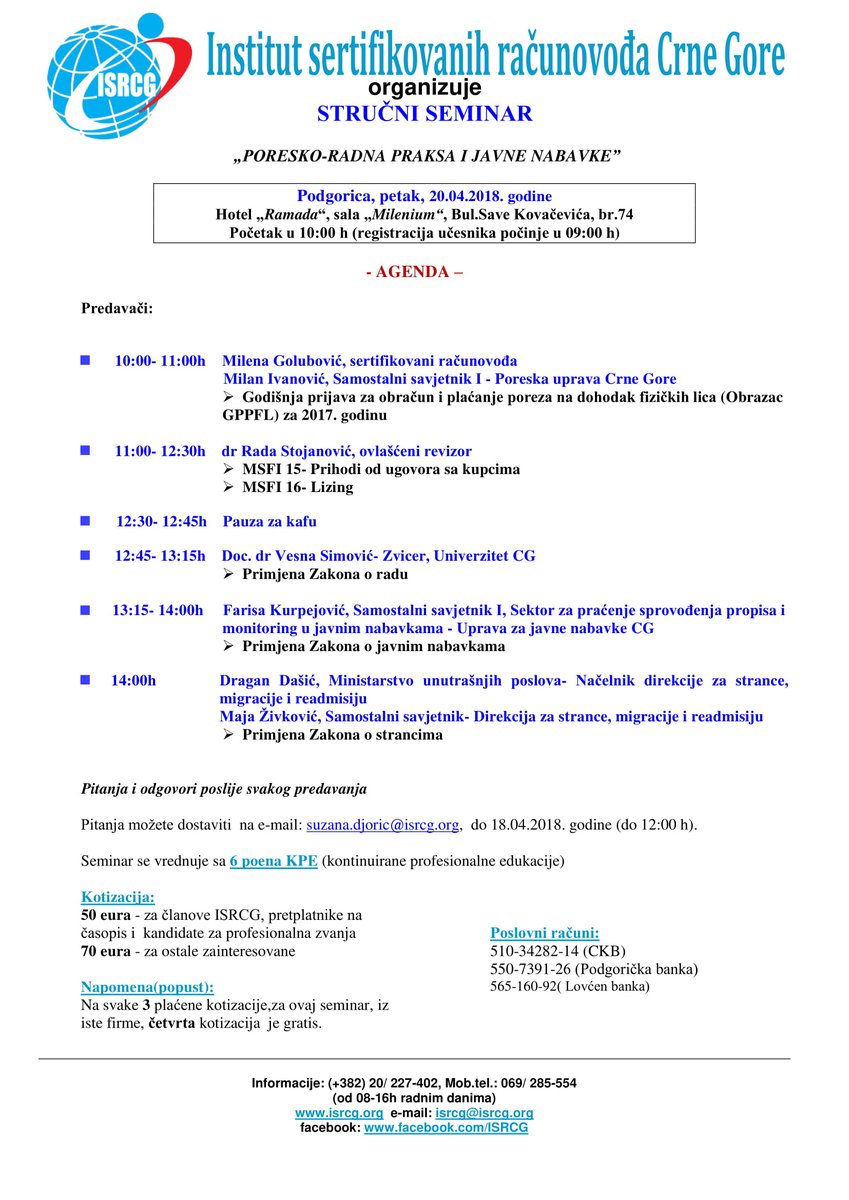 InstitutSRCG's tweet photo. Seminar 20.04.2018.
Konačna agenda!
#GPPFLprijava2017 #MSFI15 #MSFI16 #Zakonoradu #Zakonojavnimnabavkama #Zakonostrancima https://t.co/241TyUHUKF