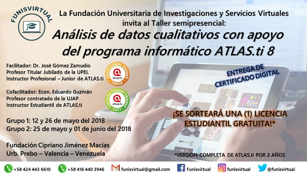 funisvirtual's tweet photo. #FUNISVIRTUAL te invita al #Taller #Semipresencial "Análisis de datos cualitativos con apoyo del programa informático ATLAS.ti".
Dictado por el Dr. @Gomezamudio, ¡Se sorteará una #Licencia #Estudiantil gratuita de #ATLASti!
#InvestigaciónCualitativa #AnálisisCualitativo https://t.co/iCem4vSTSW