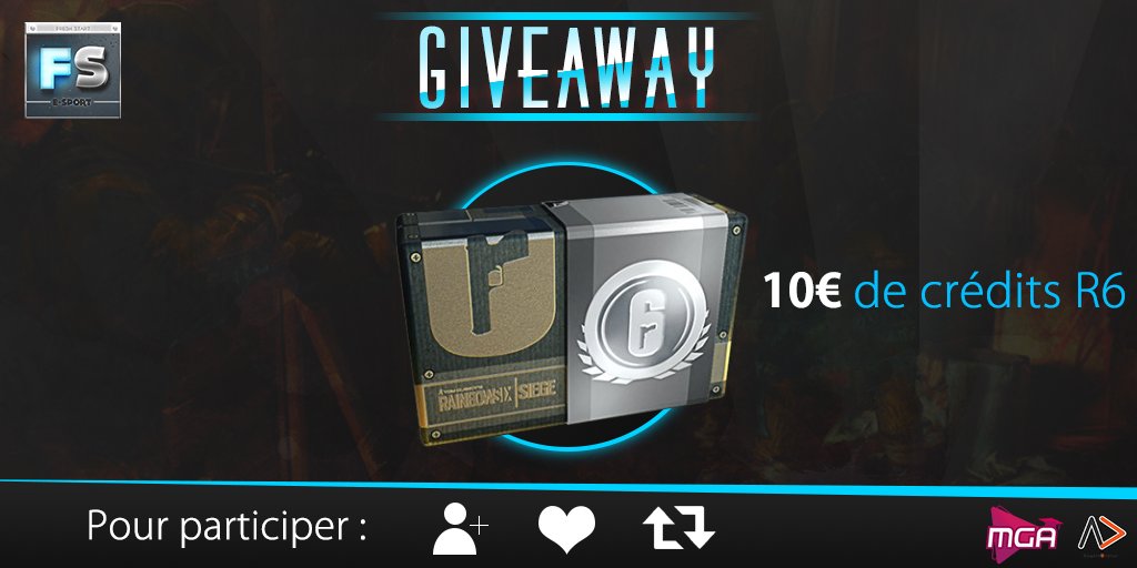 FStartEsport's tweet photo. [Giveaway] (Rainbow 6 PC/PS4/X1)

Nous vous offrons 1200 crédits R6 !

Pour participer :

- Follow @FStartEsport
- Fav et RT ce tweet

Tirage le 01/05 20h00

(Merci @AngeleDebize pour le visuel, n'hésitez pas a la follow, du bon travail de sa part) https://t.co/Gq4qOGGhqm