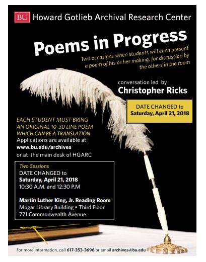 corecurriculum's tweet photo. Poems in Progress: Talk poetry with Editorial Institute/Core professor Christopher Ricks! Saturday, April 21, at 10:30 am and 12:30 pm. @BUHGARC https://t.co/wmmsWUIvm3
