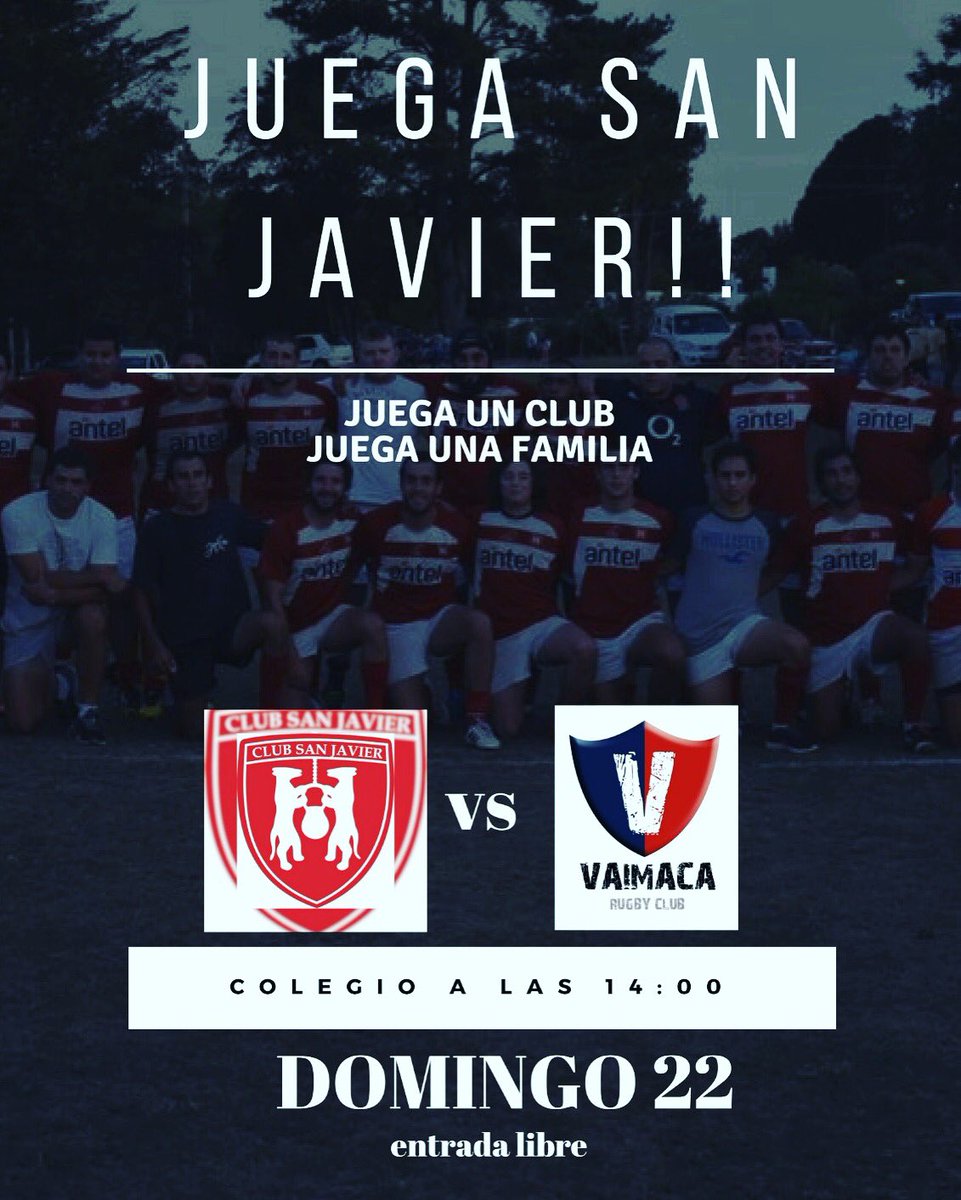 Juega un Club, juega una familia. Club San Javier recibe a <a href="/VaimacaClub/">Vaimaca Rugby Club</a> en una nueva fecha del Campeonato de Segunda División de Rugby. Domingo 22 de abril, cancha del Colegio San Javier. Vení a alentar al club que te representa! <a href="/RugbyInterioruy/">Rugby Interior Uy</a>  <a href="/RugbyUruguay/">U.R.U.</a>