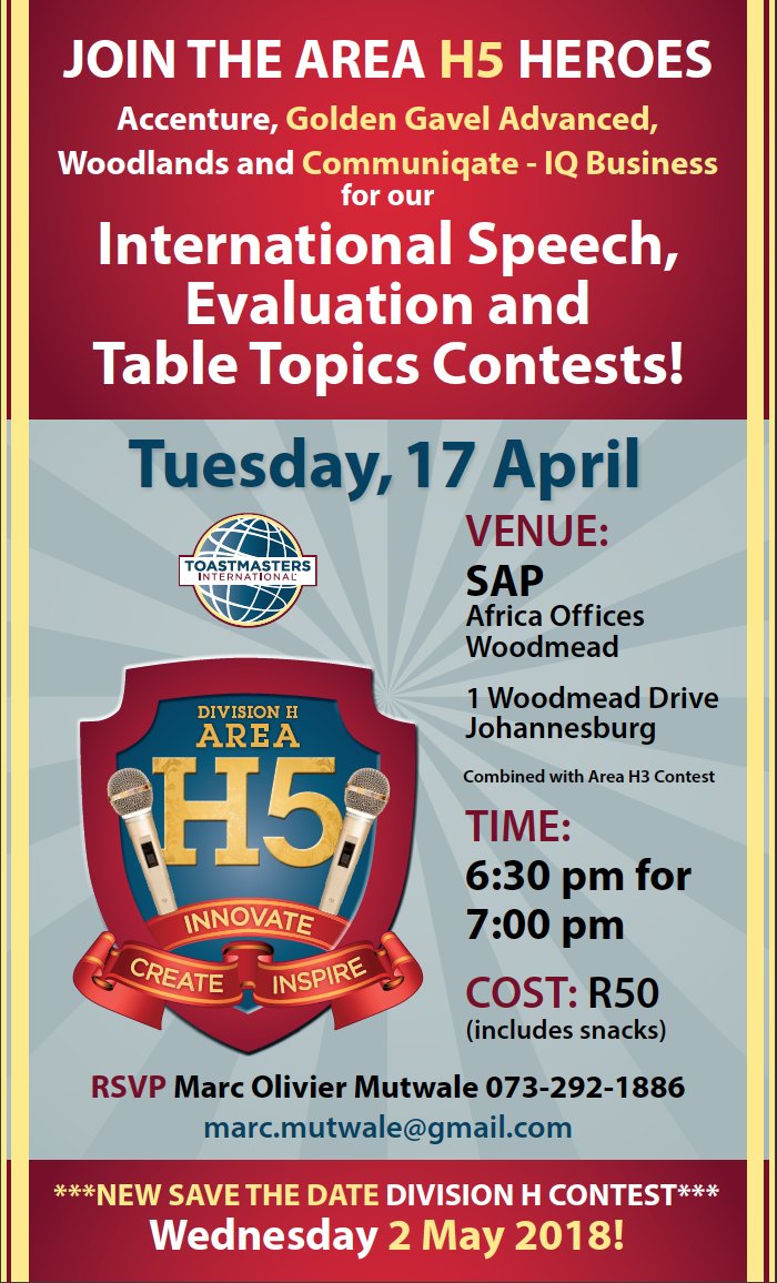 GoldenGavelTM's tweet photo. Hi all! Join us tonight at SAP in Woodmead ( 1 Woodmead drive) for the Area H3 and H5 contest, come support Kazik, Jarrod and Yianna, our club champions as they battle for supremacy in H5! https://t.co/MFgPs1tAAx