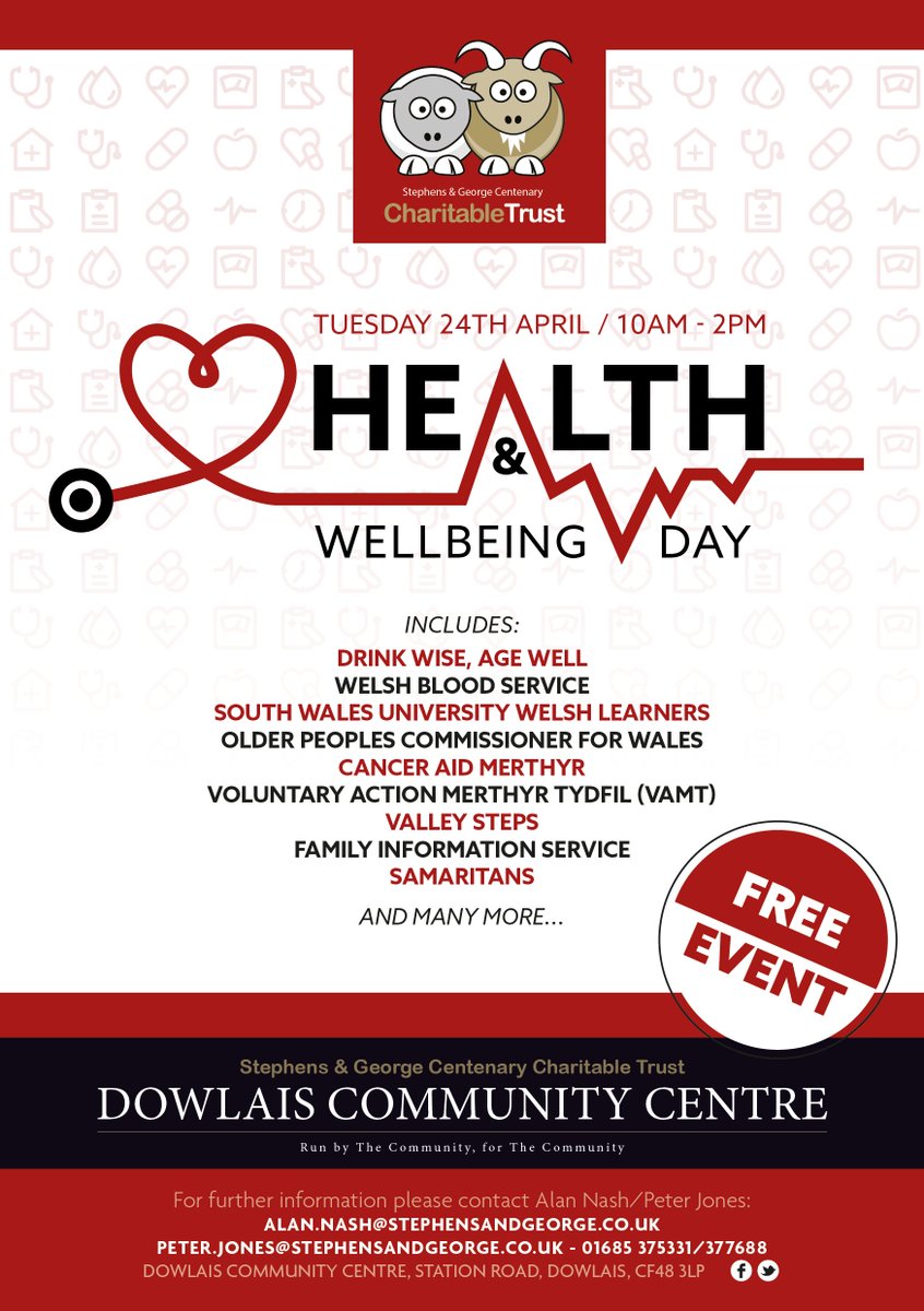 BabyBookwormsMT's tweet photo. HEALTH &amp; WELLBEING DAY - Tuesday 24th April #DowlaisCommunityCentre. 10am-2pm. For further details on this FREE event please contact #DCC 01685 375331 #HealthyLiving #Tips #Dietary #CancerAid #samaritans https://t.co/KnaQ7Mkij4