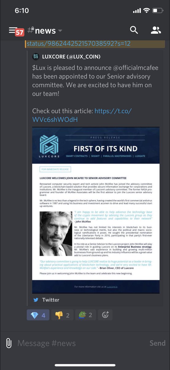 koreanjewcrypto's tweet photo. Did $lux just break twitter....
Holy shit. Finally @officialmcafee is on a good project 🚀🚀🚀 @LUX_COIN https://t.co/zc93YiS6Vm
