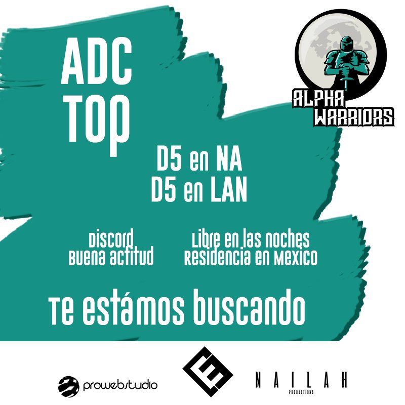 AlphaWarriors_'s tweet photo. Alpha Warriors te está buscando!

Si eres Main ADC o Main Top, esta es tu oportunidad. Solo tienes que ser D5 en NA y LAN y tener disponibilidad por las noches.

Acércate a nosotros! https://t.co/1rNRt7R0Cs