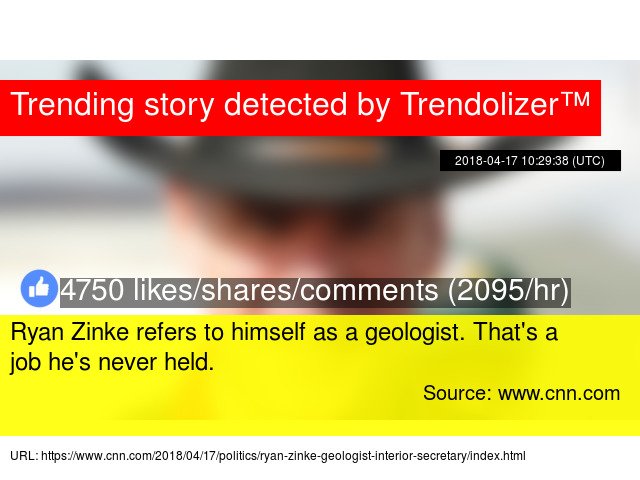 Trendolizer's tweet image. #RyanZinke refers to himself as a #geologist. That's a job he's never held. #InteriorSecretary... trendolizer.com/2018/04/ryan-z…