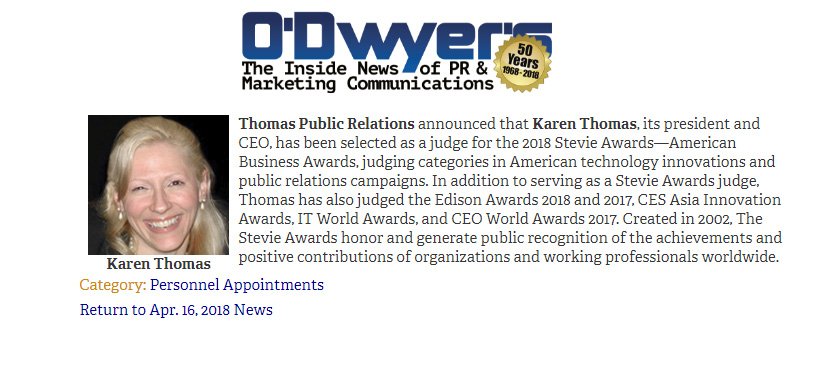 thomaspr's tweet photo. O'Dwyer's #PublicRelations News "Thomas Public Relations Announced that Karen Thomas, its President and CEO, has been selected as a judge for the 2018 Stevie Awards" https://t.co/zNvKY2WQiM #ODwyers #PR #ThomasPR #StevieAwards #Thomaspublicrelations @odwyerpr @TheStevieAwards https://t.co/ISewiW6ifd