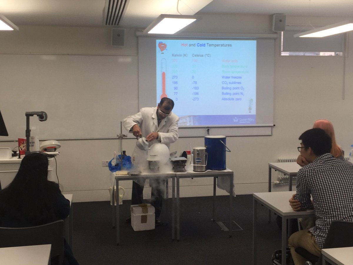 QM_SBBS's tweet photo. Would anyone like a cup of liquid #nitogen? What a fascinating & entertaining taster lecture for aspiring #scientists at #QMUL. Great job Dr Sheriff! https://t.co/0fKlQrxf4S