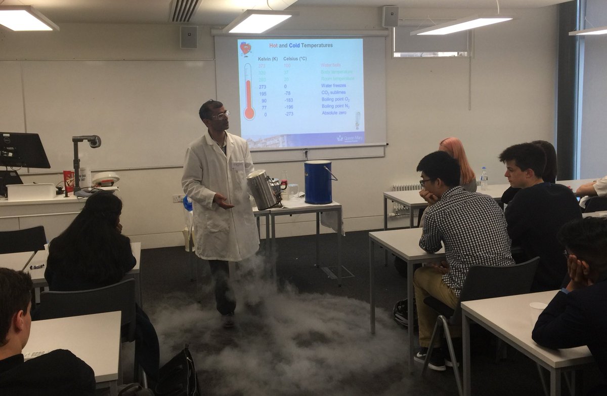 QM_SBBS's tweet photo. Would anyone like a cup of liquid #nitogen? What a fascinating & entertaining taster lecture for aspiring #scientists at #QMUL. Great job Dr Sheriff! https://t.co/0fKlQrxf4S