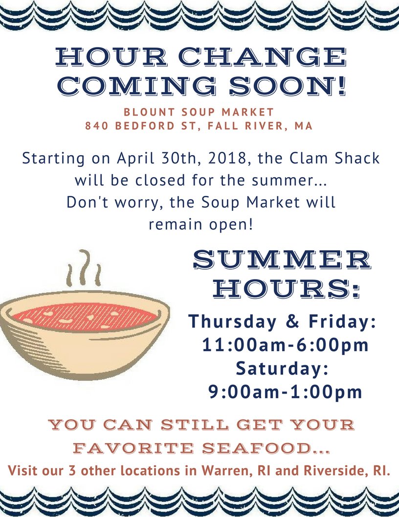fallrivershack's tweet image. HOUR CHANGE!
It may not seem like summer is coming but we assure you that it is! Starting the week of April 30th, 2018 the Clam Shack in Fall River will be closed and we will transition to our summer hours.
Please visit blountretail.com for a list of our locations.