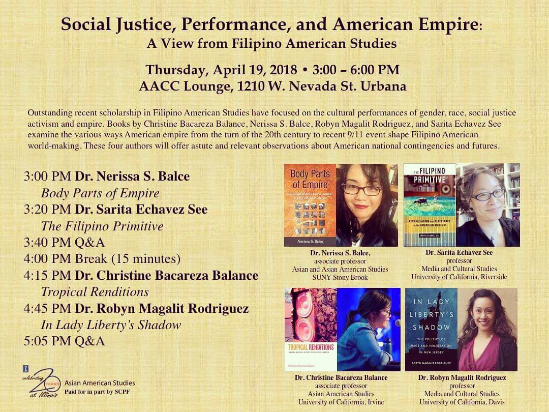 THIS THURSDAY at UIUC! April 19, 3-6PM at AACC, 1210 W. Nevada. Four new books from stellar Filipina scholars. #FilipinoStudies #AsianAmericanStudies