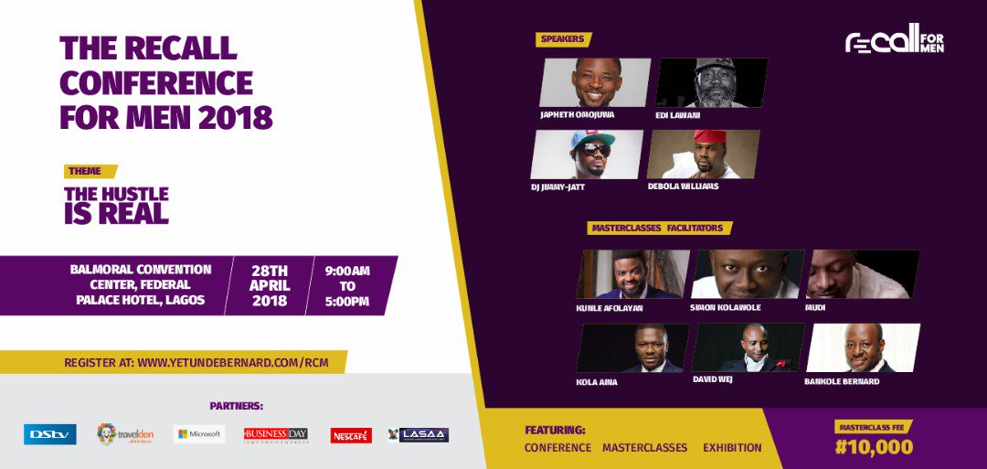 TADigitalNG's tweet photo. I am excited to inform you about this only men's conference happening live in Lagos, Nigeria next week Saturday.
It is definitely going to be phenomenal with the listed speakers and workshop facilitators.
Register now at https://t.co/beTSXURVyf
#RecallForMen #TheHustleIsReal https://t.co/WUu8UVyJ13