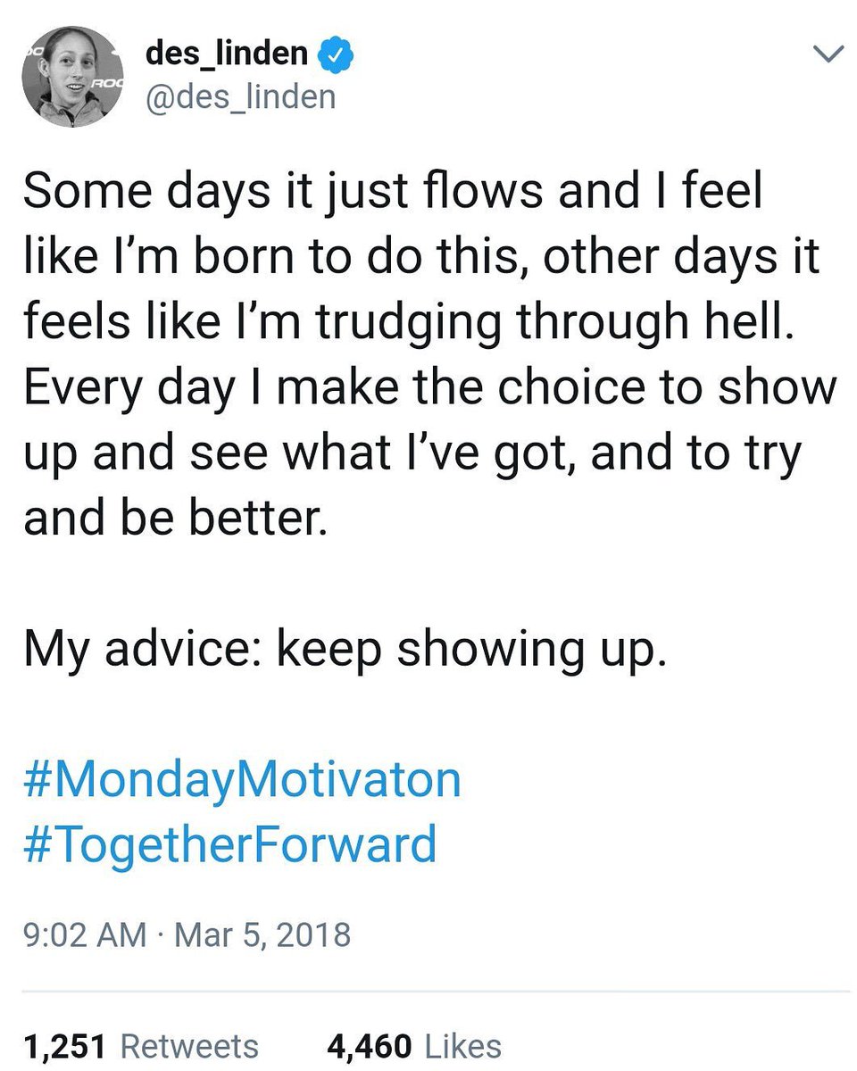 CoachAnnDorris's tweet photo. First American woman in 33 years to win the Boston Marathon and even she hates training some days. Gotta keep the long-term reward perspective turned on and #keepshowing up https://t.co/bJ8dslxRGn