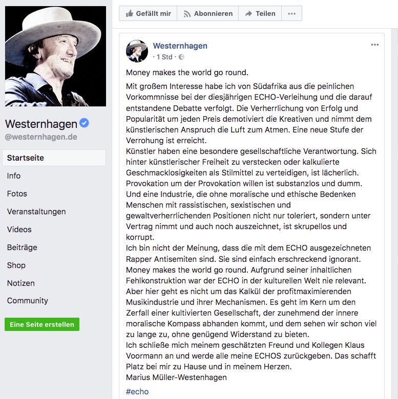 ER_Bund's tweet photo. #Westernhagen gibt sämtliche (7) #Echo-Auszeichnungen zurück: "Eine Industrie, die (...) Menschen mit rassistischen, sexistischen und  gewaltverherrlichenden Positionen nicht nur toleriert, sondern unter  Vertrag nimmt und auch noch auszeichnet, ist skrupellos und korrupt." https://t.co/flGgvM8vSE