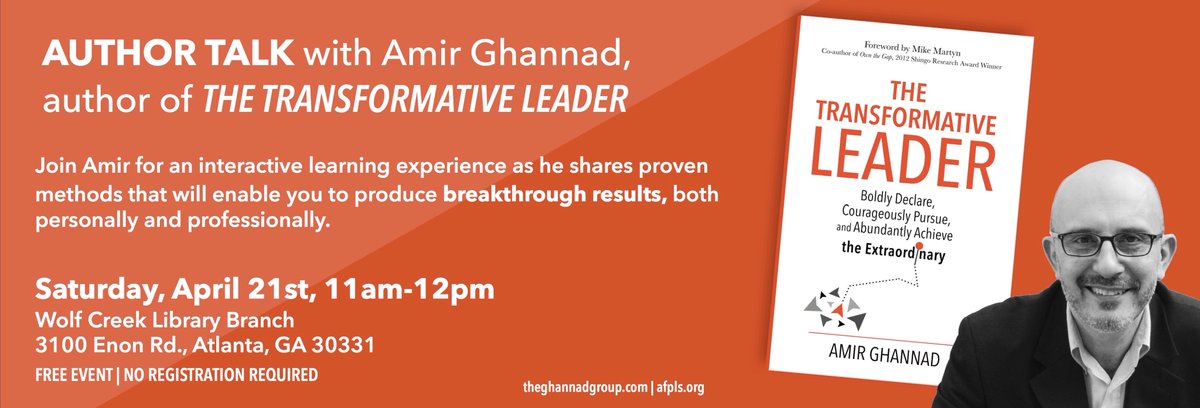 AmirGhannad's tweet photo. #FREE #ATLANTA #EVENT: On Saturday 4/21, I'll be talking about my #book, The #Transformative #Leader, & sharing proven methods to achieving #breakthrough #results, both personally & #professionally.
#leadership #atlantaevents #freeatlanta #freeatlantaevents #authortalk #leaders https://t.co/xwtpMascq0