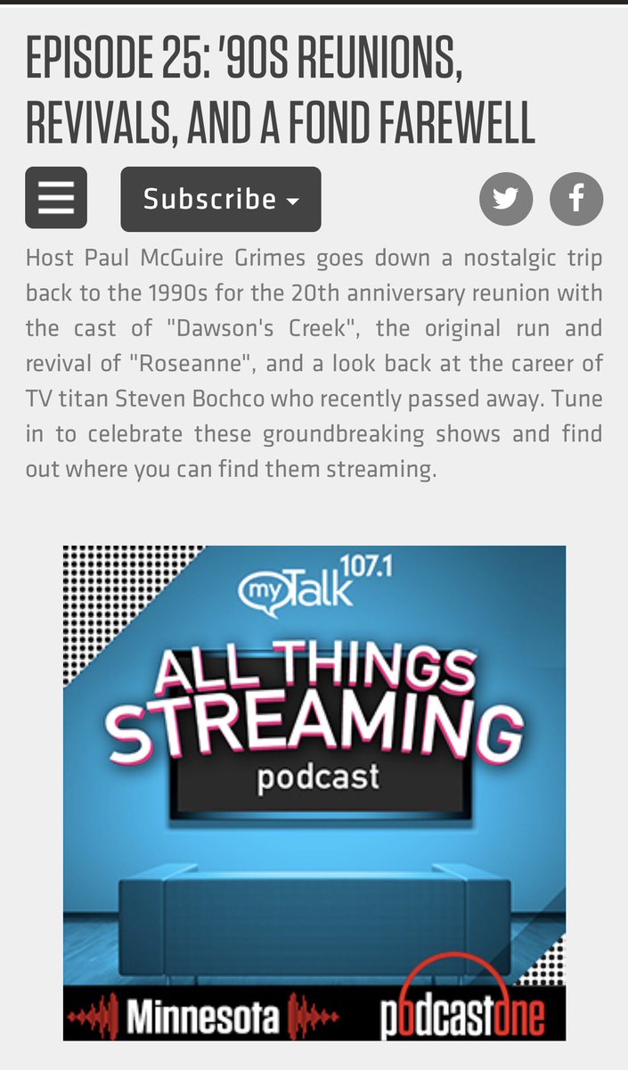 ATSPod1's tweet photo. Episode 25 of the “All Things Streaming” podcast is available! I celebrate the 20th anniversary reunion of #DawsonsCreek, the #Roseanne revival, and the career of TV titan Steven Bochco @PodcastOne @MyTalk1071 @PodcastOneMN and @ApplePodcasts https://t.co/AO2cpOEWtu https://t.co/6VqdmvdRHz