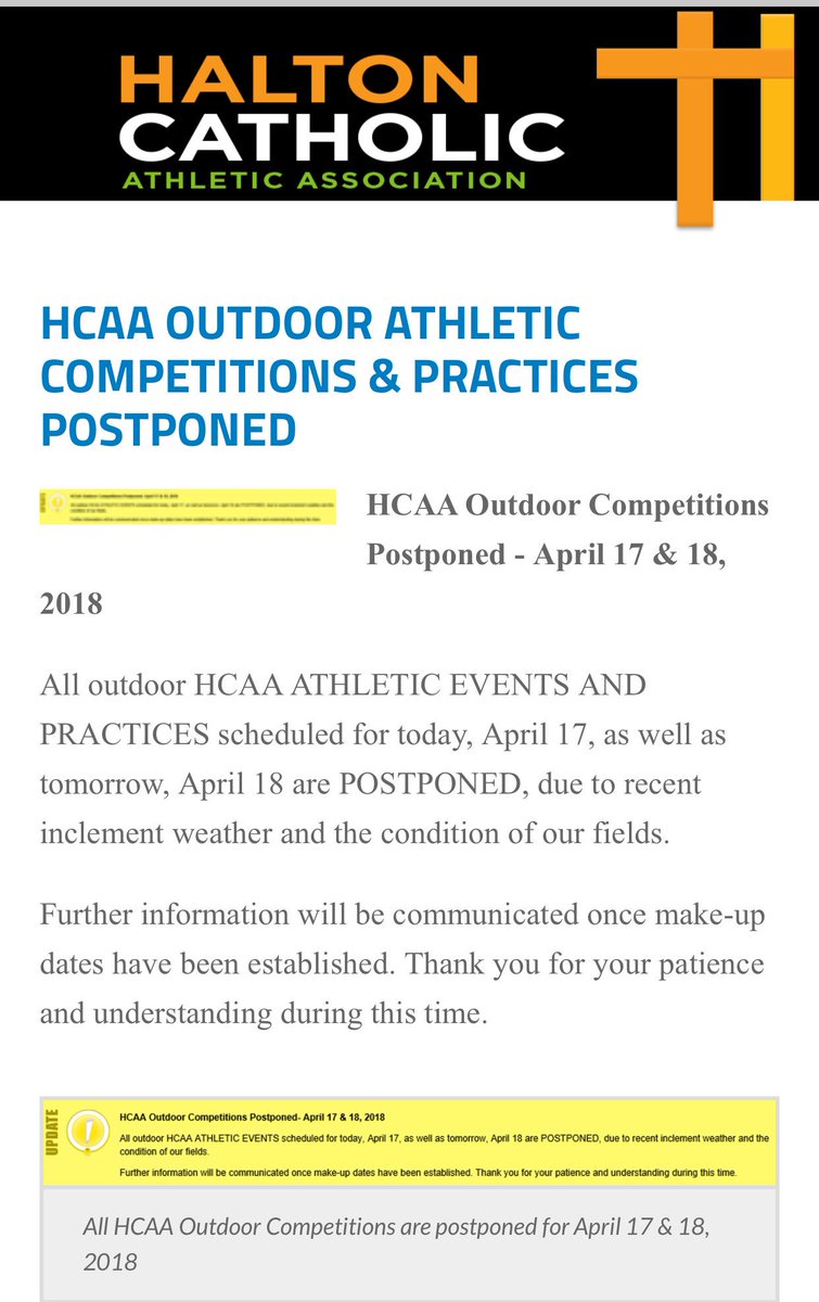 HCDSBHCAA's tweet photo. All @HCAA2017 Outdoor Competitions &amp; Practices are Postponed for April 17 &amp; 18, 2018 https://t.co/23gOZ1cD2y