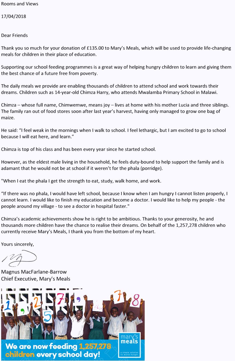 We have received a very kind E-Mail from Mary's Meals Charity. We are very happy to provide life-changing donations for children in need. 
#marysmeals #everylittlehelps