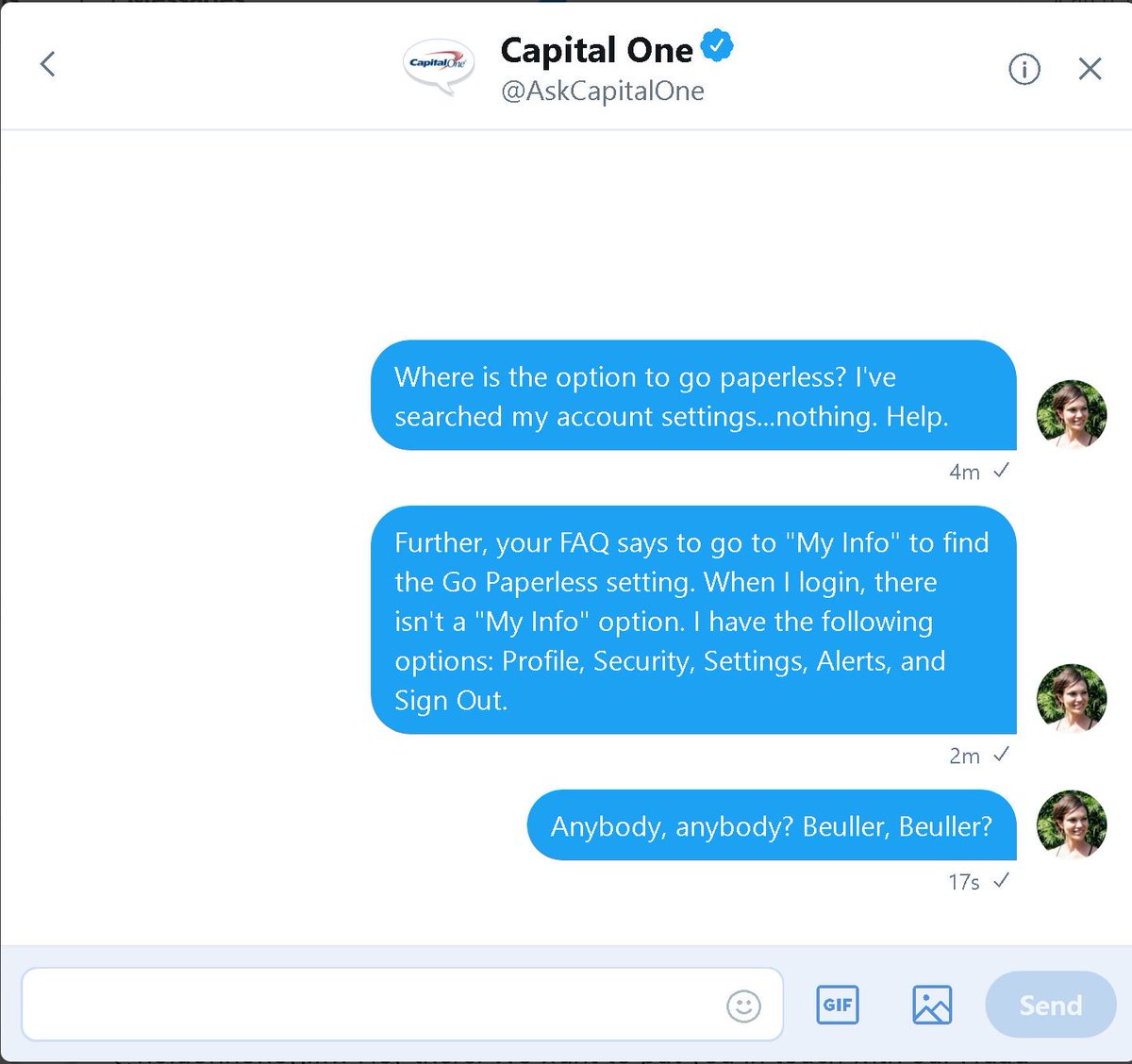 heathererees's tweet photo. @AskCapitalOne Can somebody please respond? Waiting... Thank you. https://t.co/6lKkxL2svs