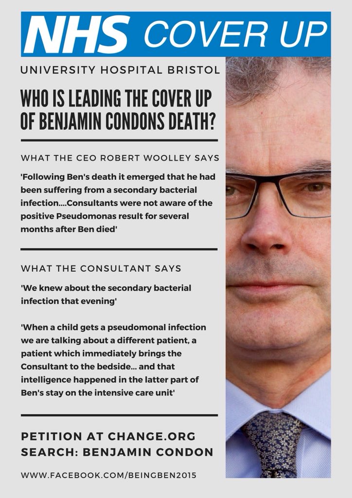 Allyncondon's tweet photo. Who is doing anything about the CEO Robert Woolley University Hospital Bristol who is involved in the cover up of our son #BenCondons death. No one it appears. @theresa_may @Jeremy_Hunt @jeremycorbyn @NHSImprovement @NHSEngland @CommonsHealth @CommonsPACAC @CareQualityComm https://t.co/gIKyAkycLz