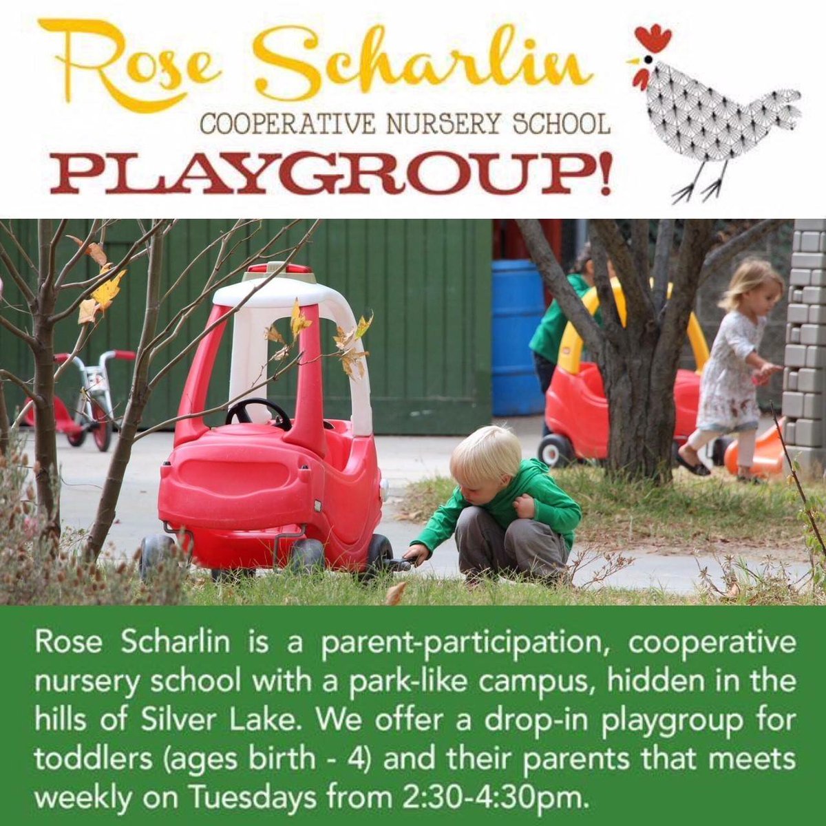 rosescharlin's tweet photo. Tuesday Playgroup is now FREE! 

Come play with us TODAY and every Tuesday 2:30-4:30. Drop in anytime. It’s open play in a wonderful park-like, large and enclosed space. Ages birth-4. 

2414 Lake View Ave, Silver Lake
#rosescharlin #tuesdayplaygroup #outsideallday https://t.co/3vAiaEZHI0