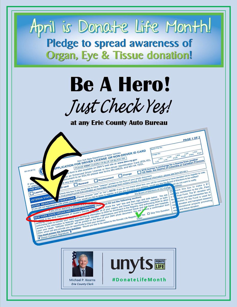 ErieCountyClerk's tweet image. We’re thrilled that the Erie County Clerk’s Office has seen an unprecedented 60% INCREASE in organ donor registrants in 1 year! That’s incredible! Let’s keep the trend going! #checkYES to join the NYS organ donor registry. #DonateLifeMonth 💙💚