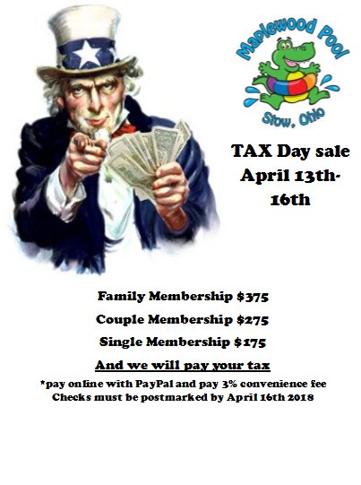 TAX DAY SALE EXTENDED!! 

Since the government is giving everyone an additional day for their taxes, we will also be extending our sale one more day!

See details at maplewoodpool.com