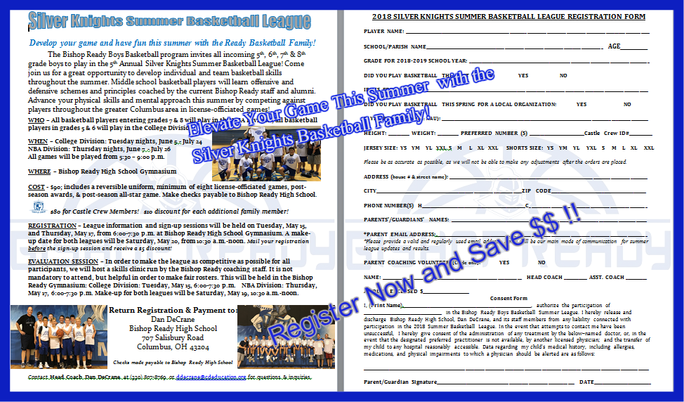ReadyHoops's tweet image. Silver Knights Summer League is here! Reserve your spot now in the 5th Annual #ReadyHoops youth summer basketball league! 🏀 
Join the 130+ players in our 5/6 grade and 7/8 divisions for what will be another fun and competitive summer in the Bishop Ready High School Gymnasium!