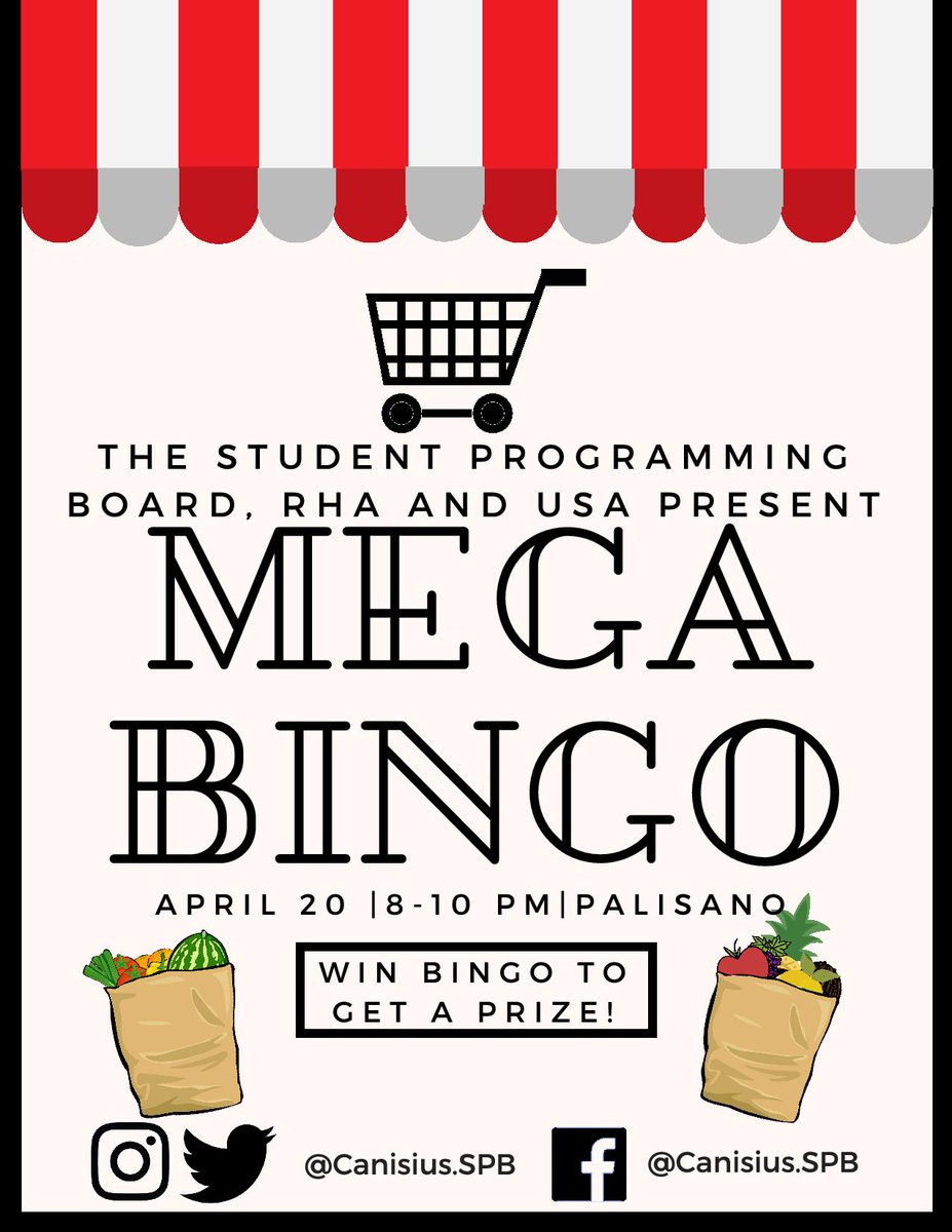 Mega Bingo will be this Friday, April 20 at 8pm in Palisano! SPB, RHA, and USA are working together to present a hyped up grocery bingo with huge prizes and food that you won't want to miss!!!