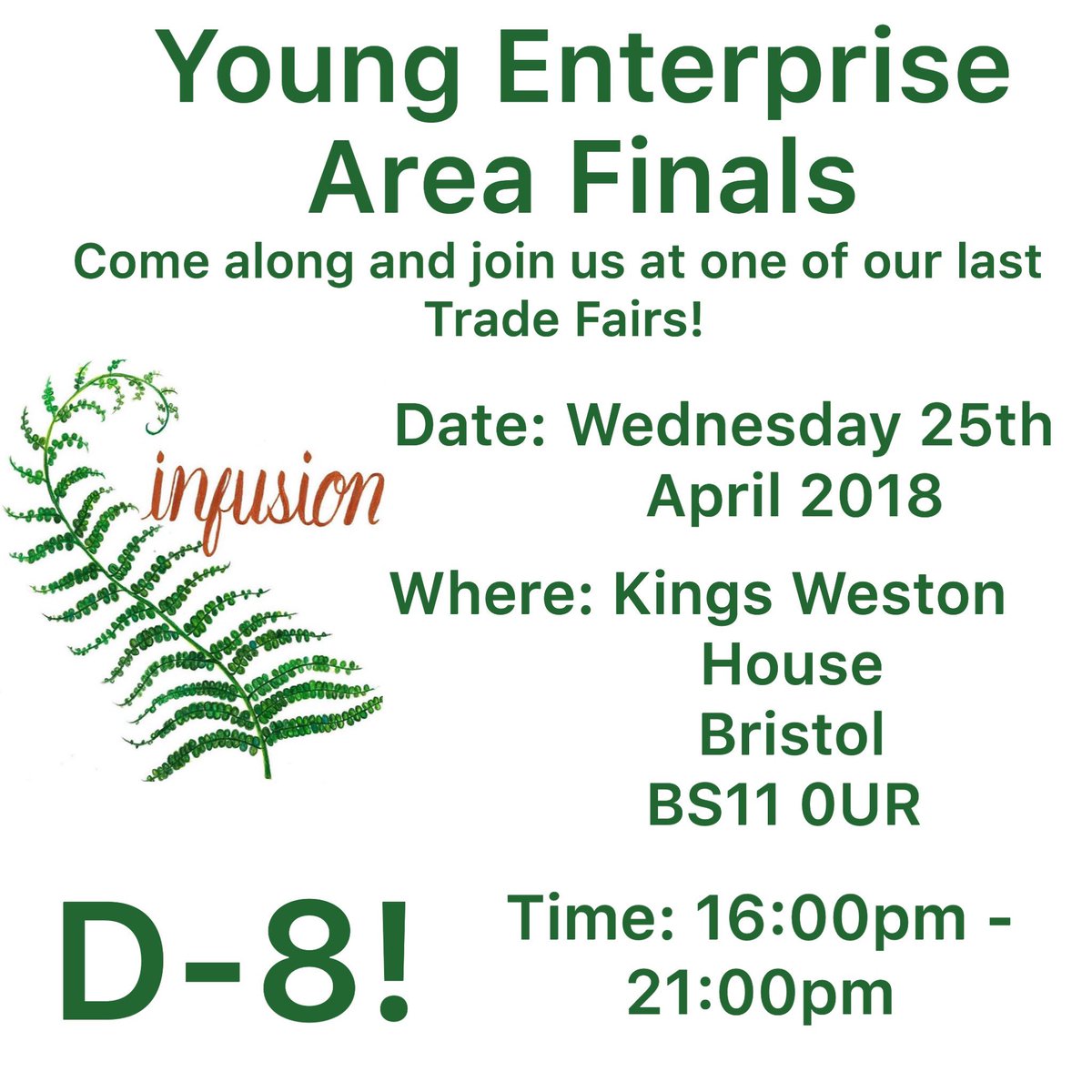 Infusion_comp's tweet photo. 🌿8 DAYS LEFT🌿                        Come join us at Kings Weston House Bristol on Wednesday the 25th of April for one of our last Trade Fairs! #TradeFair #AreaFinals #Bristol #youngenterprise #BathBombs #MentalHealth #Infusion @YEWestofEngland ✨ @KingswestonHse https://t.co/VvosGFk1wn