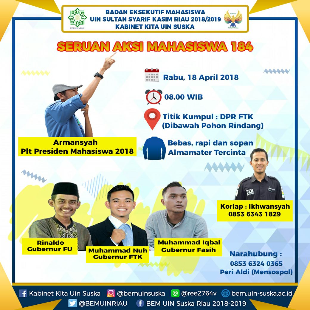 [SERUAN AKSI MAHASISWA 184]

Salam Perjuangan! 
Hidup Mahasiswa!

"Pergerakan Mahasiswa timbul bukan karena pemimpin bersuara, tetapi pemimpin bersuara karena ada pergerakan"

Baca selengkapnya di : instagram.com/p/BhrP41SnVuC/