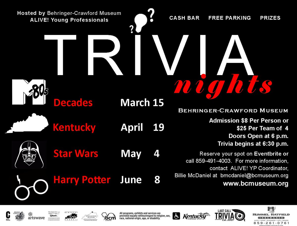 BCMuseum's tweet photo. Claim to be a Kentucky Know-It-All? Show off your knowledge of the commonwealth at "Trivia Nights: #Kentucky Trivia," this Thurs., April 19, from 6-8 p.m. There will be snacks, drinks, and of course prizes! Sponsored by Hummel-Hatfield Insurance Agency.  All ages welcome! #ALIVE https://t.co/ul53Z09oAS