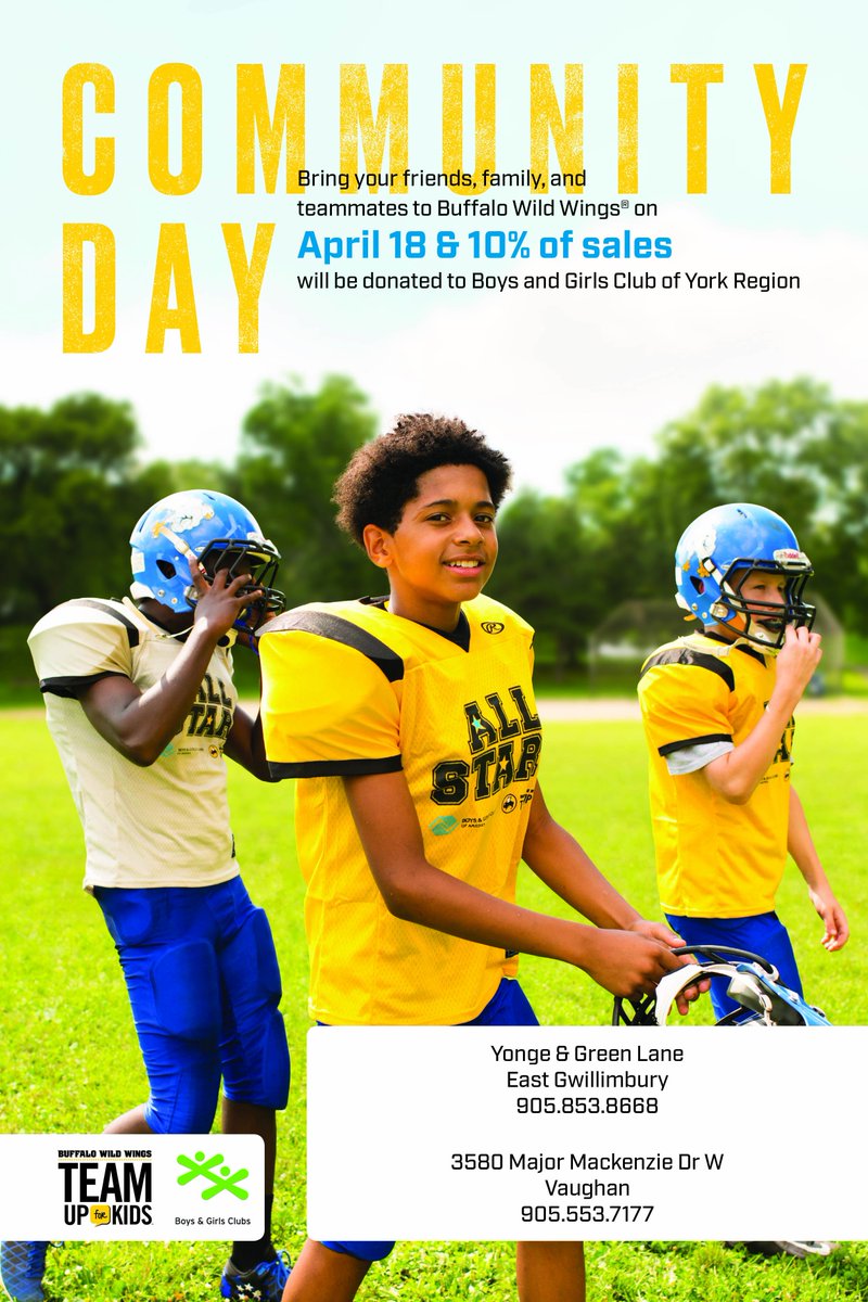 BGCYorkRegion's tweet photo. How can you support your local Boys and Girls Club? Head to a @BWWingsCanada restaurant in East Gwillimbury or Vaughan TOMORROW and make a donation! 10 % of sales will be donated to our club. #BWWCommunityDay  #BGCYR #TeamUpForKids #CommunityDay2018 https://t.co/zbiQo8EXAV