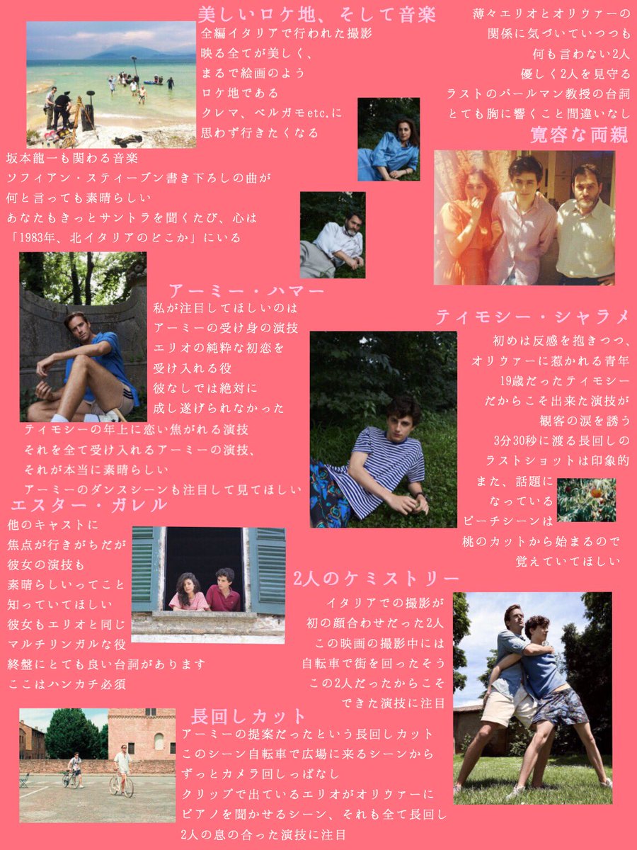 RTAR_non_'s tweet photo. 「君の名前で僕を呼んで」公開まであと10日を切ってしまいました！
そこで！主演ティモシー・シャラメの出演作をまとめた布教シート作りました
題して、ティモシー作品布教シート✨
かなり字が多めですが、お暇な時間にどうぞ🍑
CMBYNは4/27より公開！

#君の名前で僕を呼んで https://t.co/K8sXk6ceAF