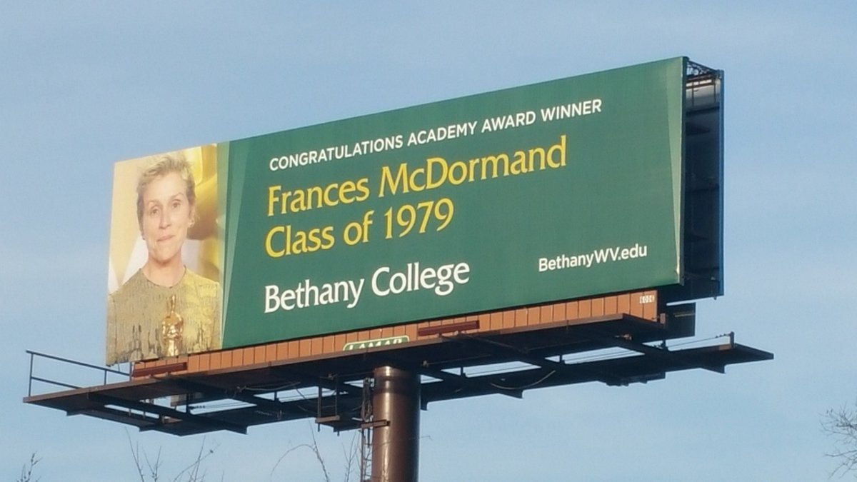 Bethany_College's tweet photo. One billboard outside Pittsburgh, Pennsylvania. Congratulations, Frances McDormand, Class of 1979! https://t.co/Gy6xQ4zYR8