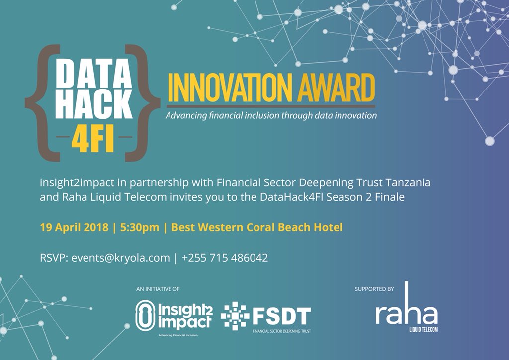 Cytronepay's tweet photo. @Cytronepay we are glad to take part in the #DATAHACK4FI TANZANIA. Its that time again! Raha teams up with insight2impact to bring you DATA  HACK 4FI. Join us at Coral Beach Hotel on the 19th of April 2018 for  the riveting Season 2 Finale!  RSVP: events@kryola.com https://t.co/CThNvZdL7y