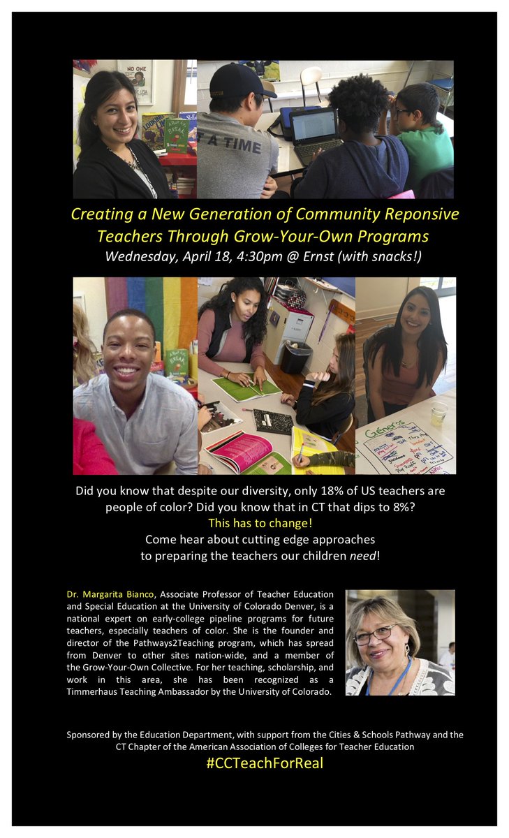 CCEducationDept's tweet photo. Grow-Your-Own Teachers Talk! Don't miss Dr. Bianco, tomorrow (Wed), 4/18, 4:30, Ernst! #CCTeachForReal @conncoll @ConnCollegeLive @NLPublicSchools @HigherEdgeCT @ceanews @LEARNRESC https://t.co/CL0VfLX3ez https://t.co/7ApaljTICt