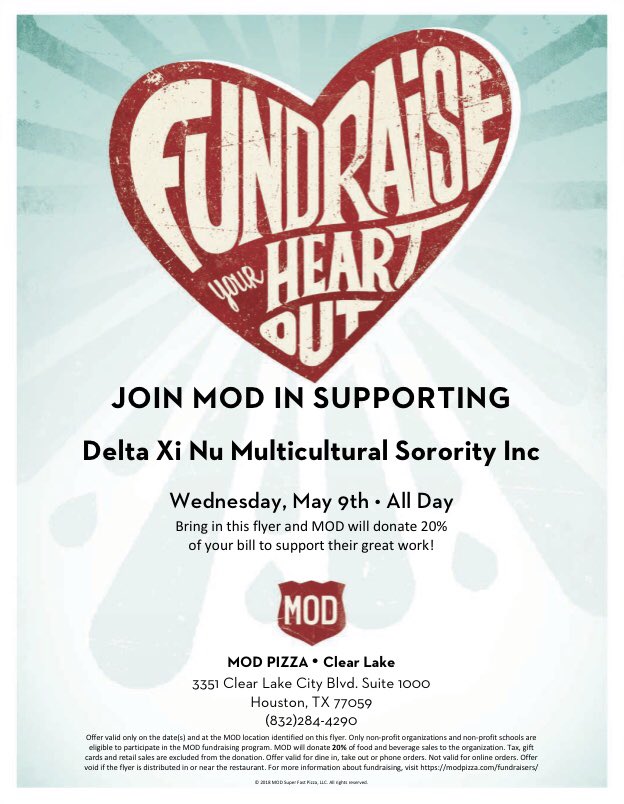 UHCLXiHoneys's tweet photo. Love MOD Pizza? We do, too! 😍 On May 9th, help us raise funds to support our philanthropy by eating at MOD on Clear Lake Blvd. and showing this flyer! #uhcldxn #xihoneys #modfundraiser https://t.co/3PGWkOkQu4