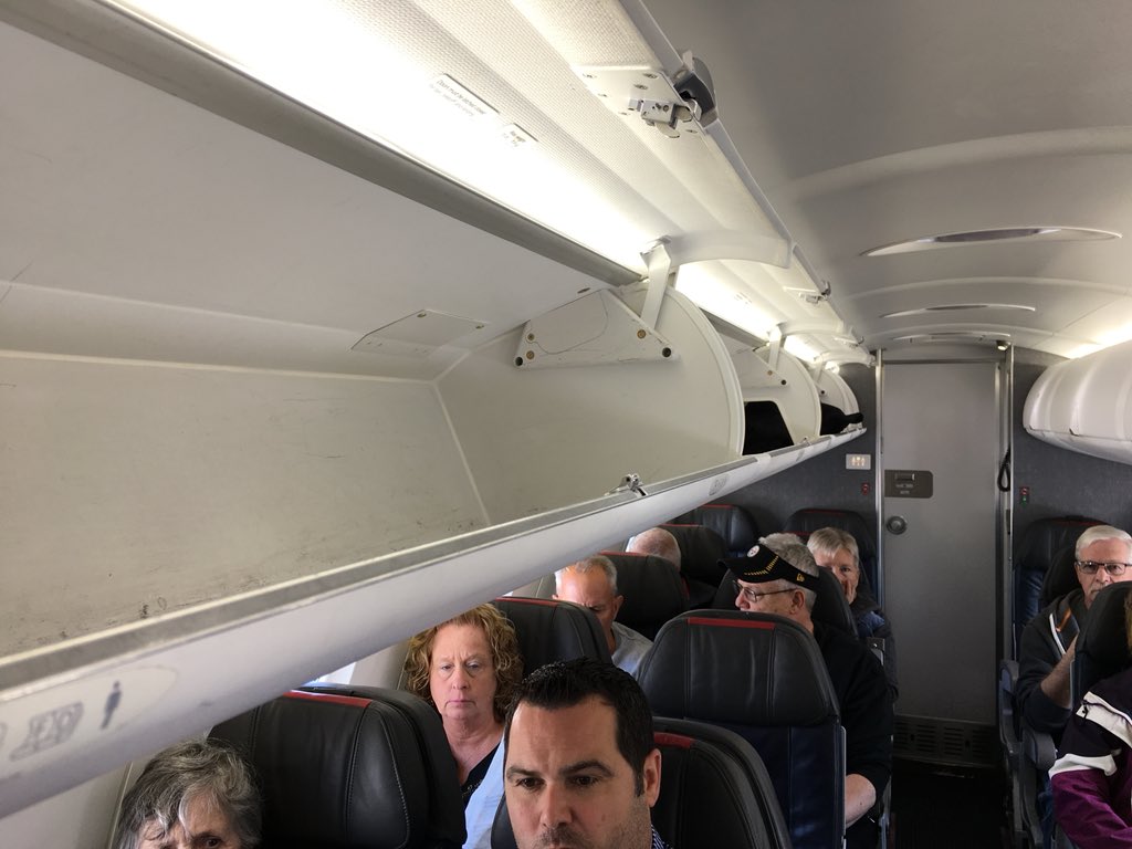 tkulesa's tweet photo. No bags allowed. Last passenger on. After running 2 miles and almost missing my connection. Don’t normally complain but the flight attendant was extremely rude and lied to me about the use of the bins. #aa #americanaorlonesbadexperiwnxes https://t.co/bZGmoPL9ax