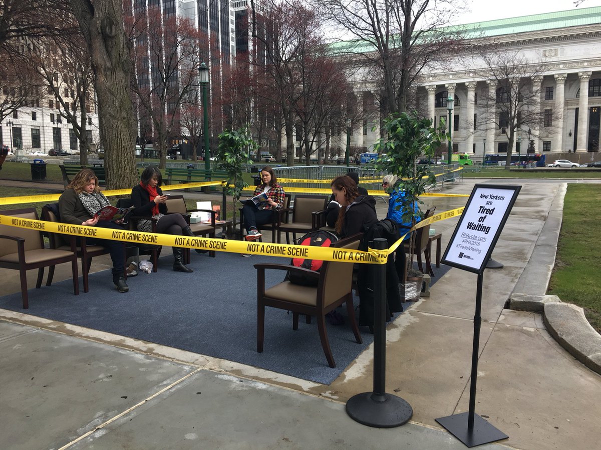 RHAVote's tweet image. We’re reporting live from West Capital Park where we are telling the @NYSenate that abortion is not a crime and we are #tiredofwaiting for them to fix our state’s broken abortion law. #RHA2018