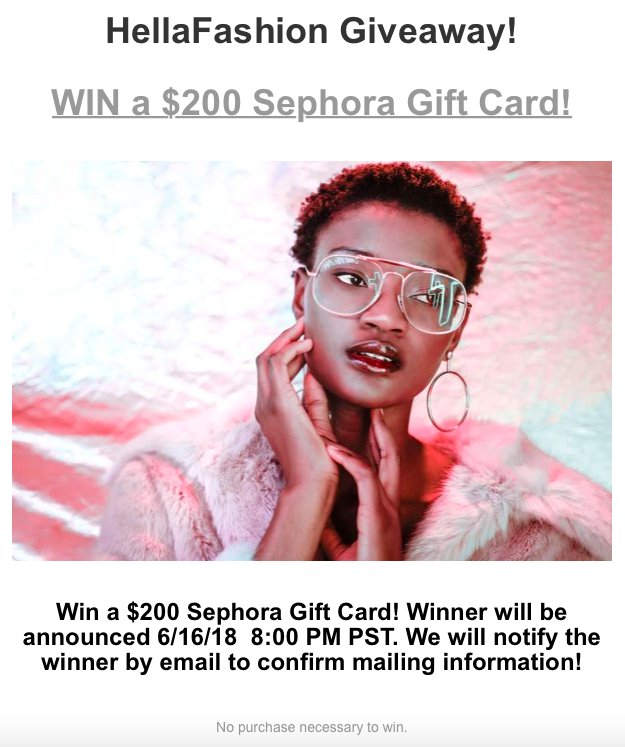HellaFash's tweet photo. #HellaFashion GIVEAWAY!! WIN a $200 #SEPHORA GIFT CARD! Enter to win! https://t.co/Y1FQhWuJFf #Fashion #win #fashionista #fashionlove #fashionkilla #fashionweek #fashionwoman #fashionlova #fashionlover #giveaway https://t.co/op5sUa8est