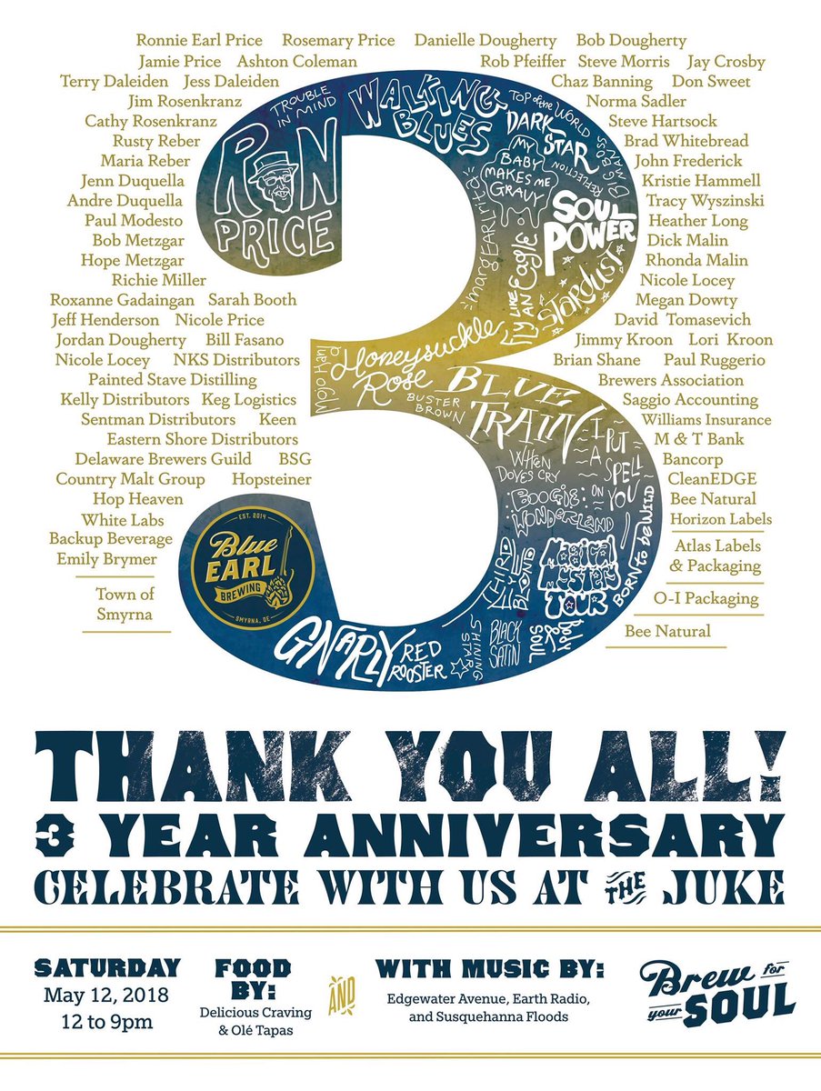 blueearlbeer's tweet photo. Come celebrate our three year anniversary on May 12th with a party of epic proportions! Three bands, two food trucks, barrels of beer and an abundance of great fun outside the brewery! #brewforyoursoul #blueearlbrewing #blueearl #blueearlbeer #Delaware #Smyrna #craftbeer https://t.co/EVApG2SdB7