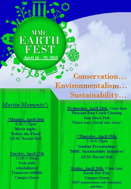 MMCCampusLife's tweet photo. Support MMC EarthFest events this week!!

 @sga_mmc @LifeAtMMC @RlifeMmc @MMCBiology https://t.co/LG1o2lVQXa