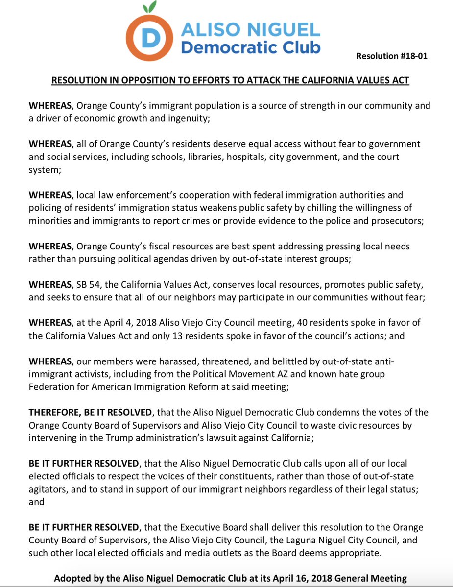 ANDemClub's tweet photo. Last night we unanimously passed a resolution condemning the vote of the @alisoviejocity city council to join the lawsuit against the #CaliforniaValuesAct and calling on our elected officials to support our immigrant neighbors. #SB54 #DefendSanctuary https://t.co/sZQAobhRyj