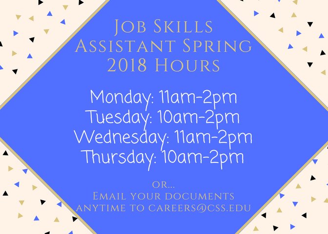 Did you know that you can still get resume and cover letter critiques over the summer? You can email your documents any time to careers@css.edu! In the meantime, our Job Skills Assistants are still available! Stop in during these hours for some help! #stscholasticacareer