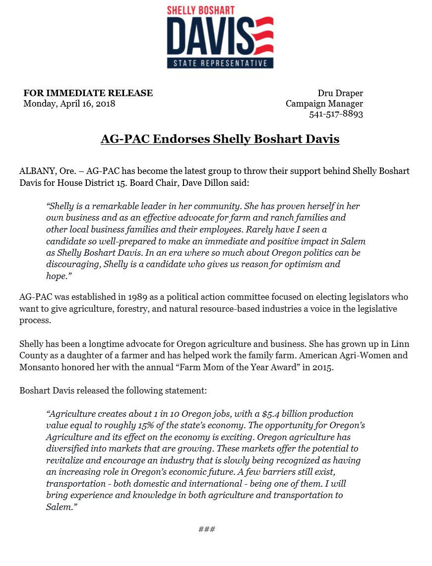 drudraper's tweet photo. AG-PAC endorses @BoshartDavisAgfor State Representative. Shelly knows the challenges of agribusiness first hand, and is ready to take that knowledge to Salem. #SBD4HD15 https://t.co/eLev3VSqDo