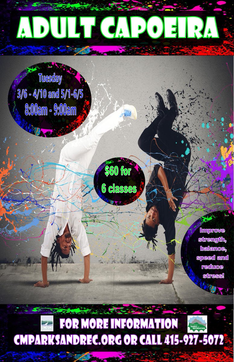 CMParksAndRec's tweet photo. Looking to try something new? Adults are invited to try Capoeira! Capoeira is a great way to improve strength, balance, speed and reduce stress. It is a Brazilian martial art that combines dance, acrobatics and music. https://t.co/6jxJOc7wvP