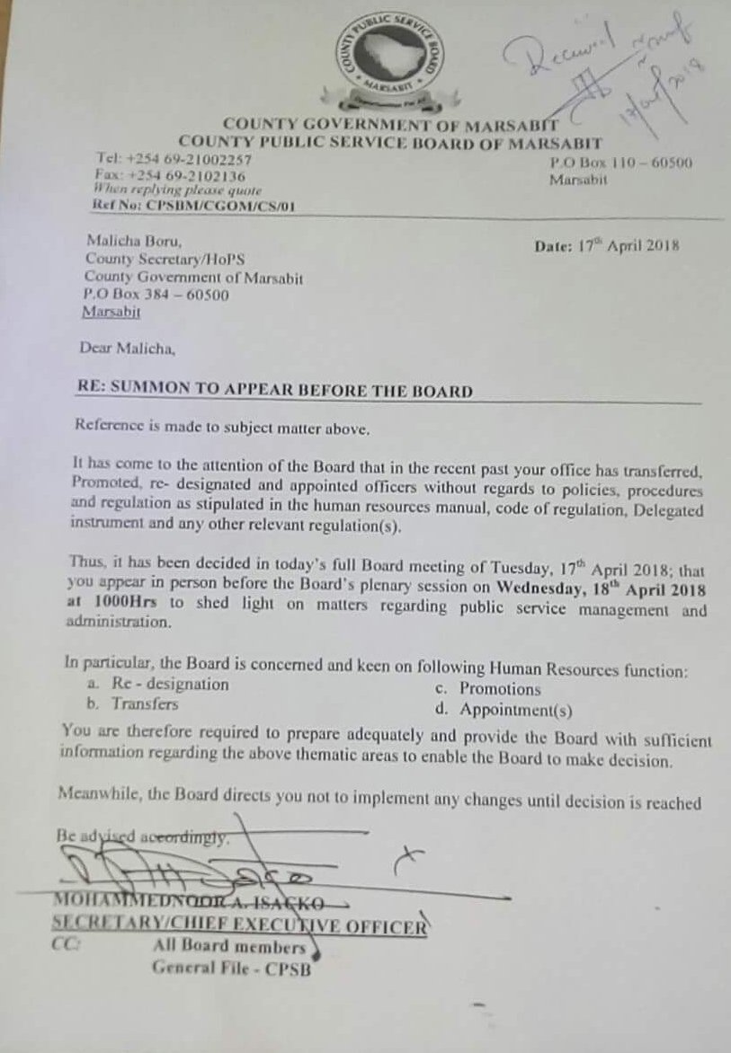 marsabitimes's tweet photo. BREAKING: MARSABIT County Public Service Board Summons County Secretary Mr. Malicha Boru Concerning the recent Transfers, Promotions, Appointment and Re-designation of various officers. 

Mr. Malicha to appear before the board tomorrow 10am https://t.co/xdNi6vDUGP