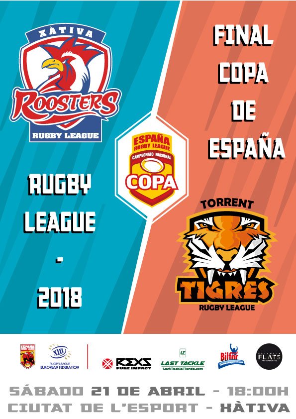 FINAL COPA DE ESPAÑA 2018

#XativaRoosters vs <a href="/TigresXIII/">Tigres Torrent CR</a> Torrent
Sábado 21 de abril a las 18:00h
Ciutat de l'esport de #Xàtiva 

#SpainRugbyLeague
