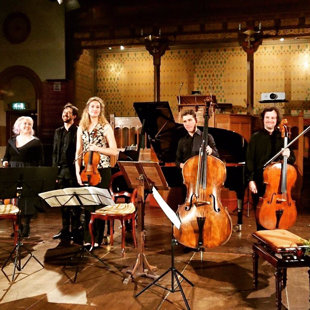 PosterTom's tweet photo. Happy times at @NavarraQt's Schubertiade for @WeespCMF, where I got to play Schubert's first Piano Trio, Trout Quintet, first Violin Sonatina, Four Impromptus D.899, Arpeggione Sonata, and Winterreise with the amazing @roseandfriends. Where would we be without Schubert?! https://t.co/ZD8clo3Bb0